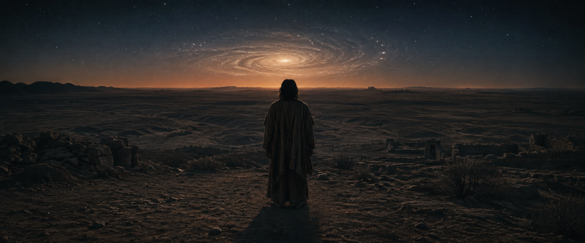 A lone robed figure stands amid ancient ruins beneath a vast spiral galaxy — the exile east of Eden, and the question of who else already walked the earth.