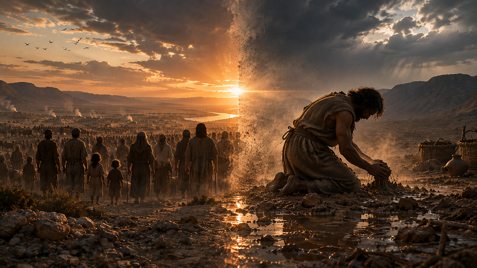 A split scene: on one side a great crowd of people walking, on the other a lone man kneeling to shape the earth by water — the two creation accounts set side by side.