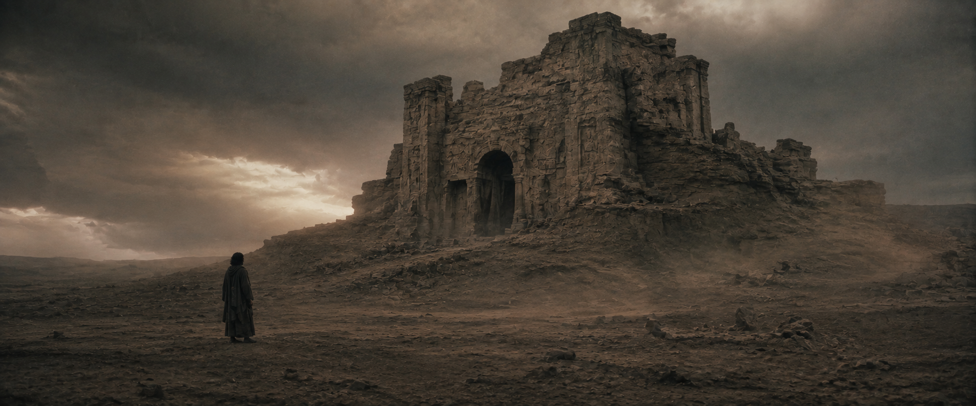 A solitary figure before a colossal ruined citadel under a brooding sky — the image of an older people who may have walked the earth before Adam.