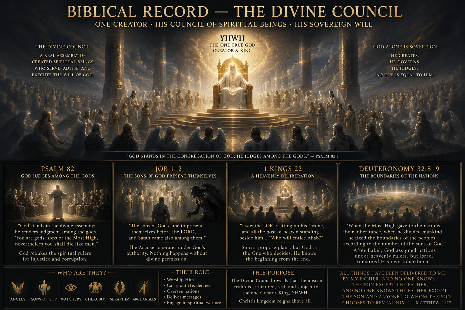 Biblical Record — The Divine Council: YHWH enthroned above the assembly, with Psalm 82, Job 1–2, 1 Kings 22, and Deuteronomy 32:8–9 summarized alongside who the council members are, their role, and its purpose.